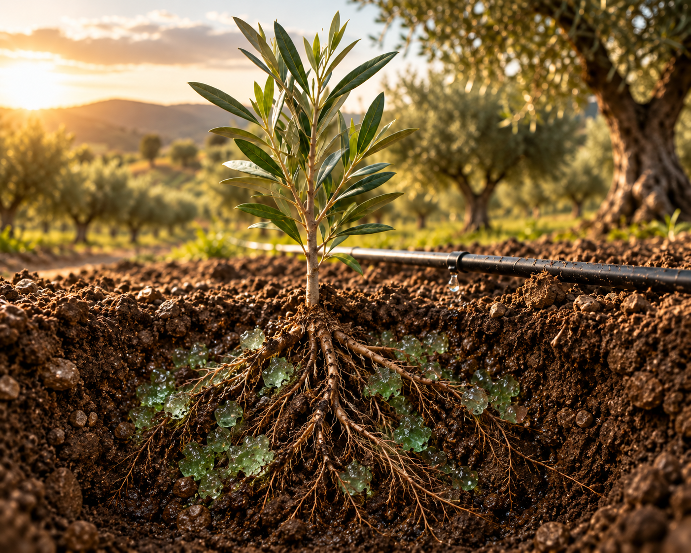 Jeune plant dans un champ cultivé avec irrigation au goutte‑à‑goutte